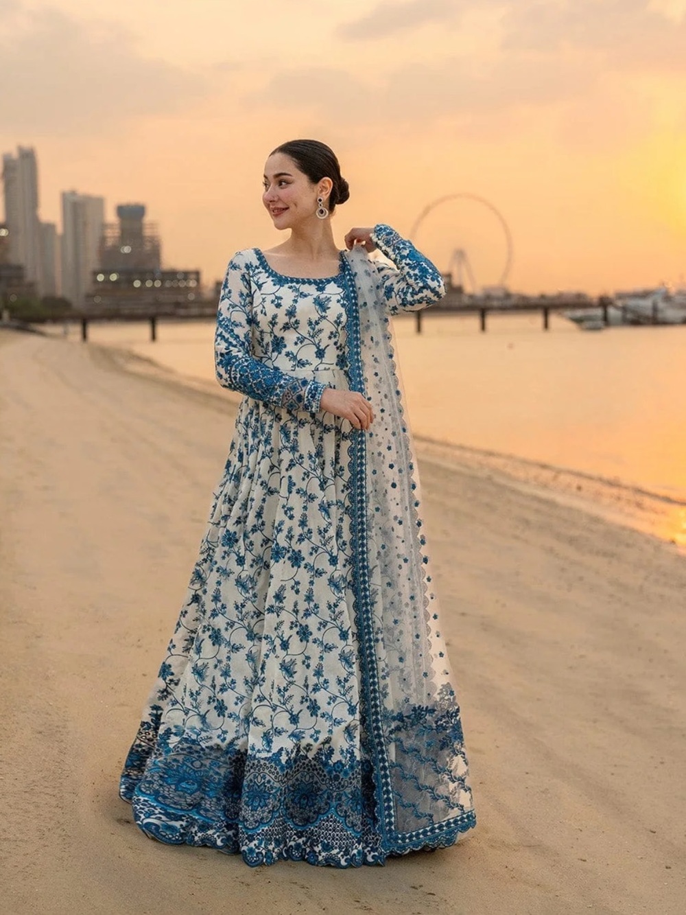 Elegant Blue & White Floral Maxi Dress with Sheer Dupatta brand Faiza saqlain